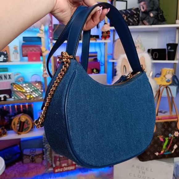 New Versace Denim Calfskin Quilted Medusa Half Moon Shoulder Bag Blue - Picture 5 of 11